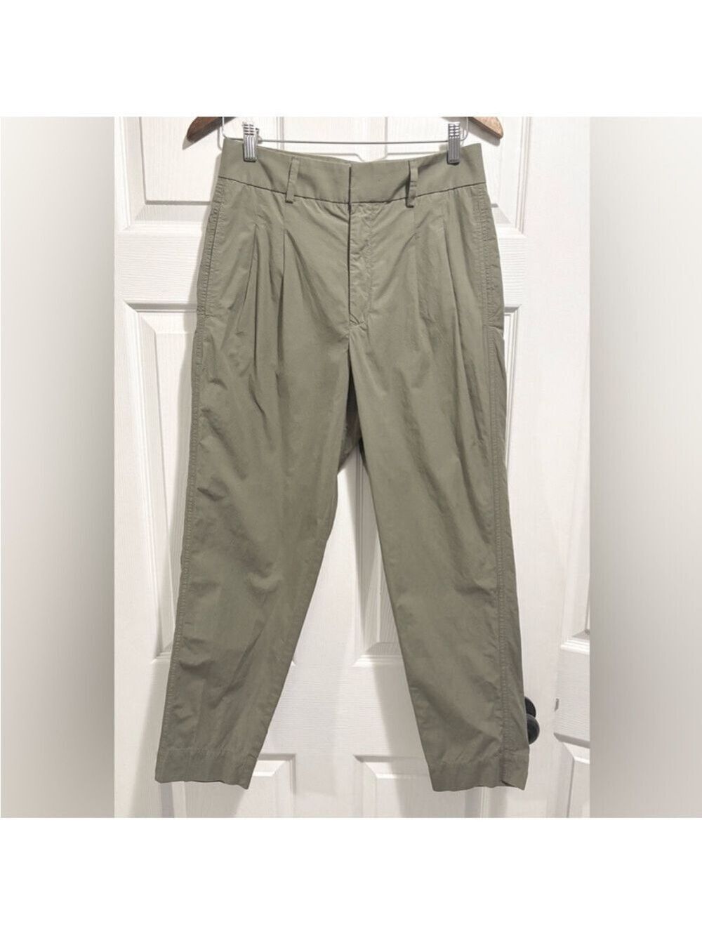 Everlane The Poplin Pleated Taper Pants KALAMATA Army Green Cotton Size 4